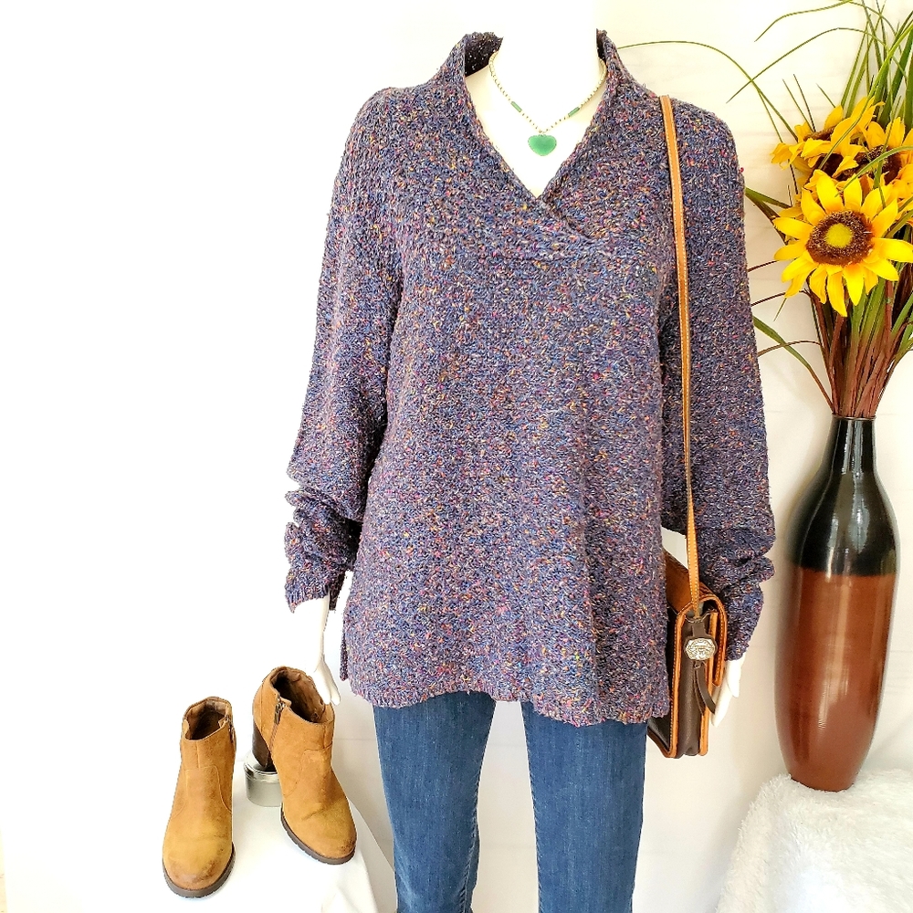 Coldwater Creek Multicolor Speckled Knit V-Neck Sweater